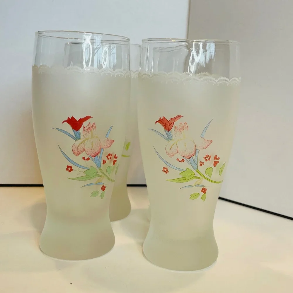 Vintage Frosted Glass Floral Iris Tumbler Set of 4 White Lace Trim 6 inch Tall